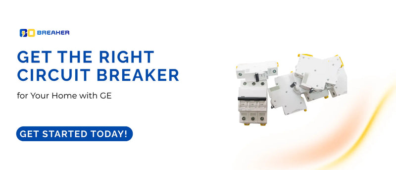 GE circuit breaker for home electrical panel displayed with Gobreaker.com branding – reliable GE circuit breaker solutions for residential use