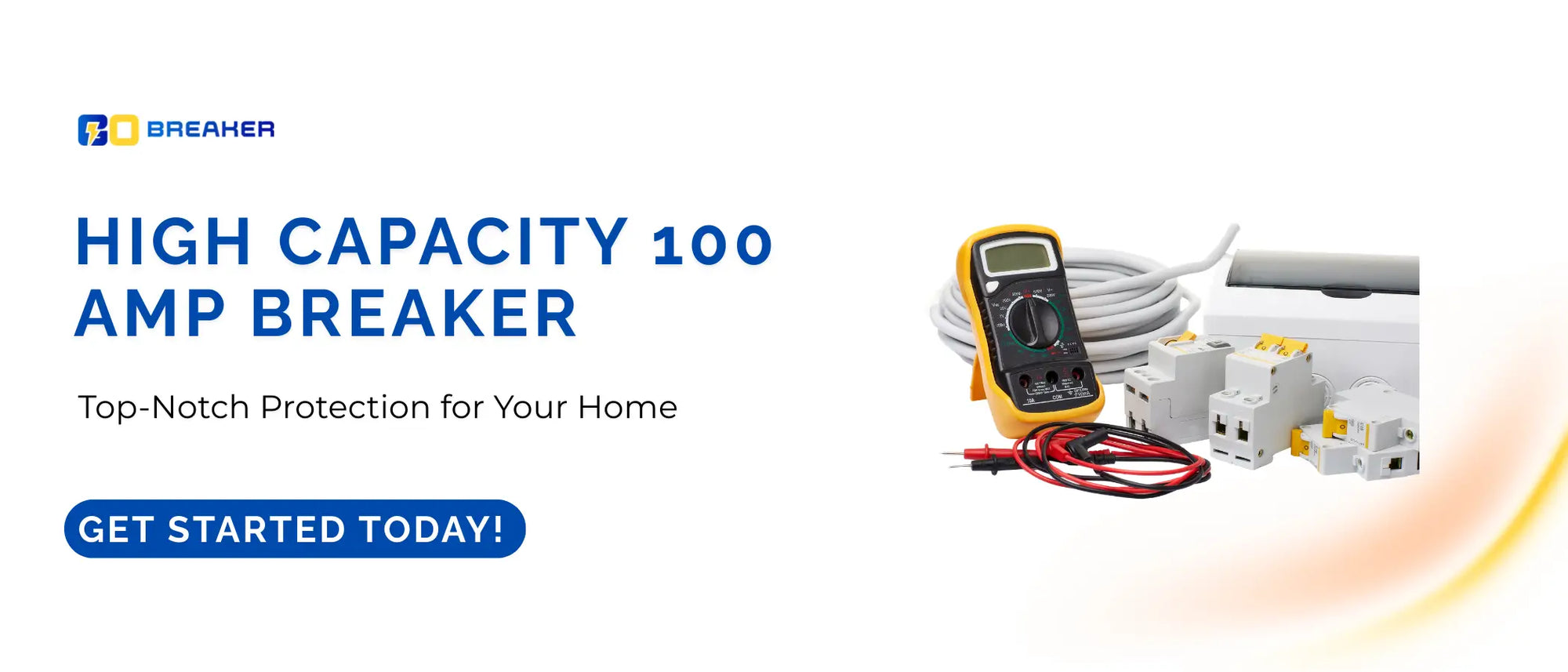 a feature image with gobreaker logo ,cta button, circuit breaker with ampere meter and somewires  picture and heading and subheading indicating High Capacity 100 Amp Breaker – Top-Notch Protection for Your Home