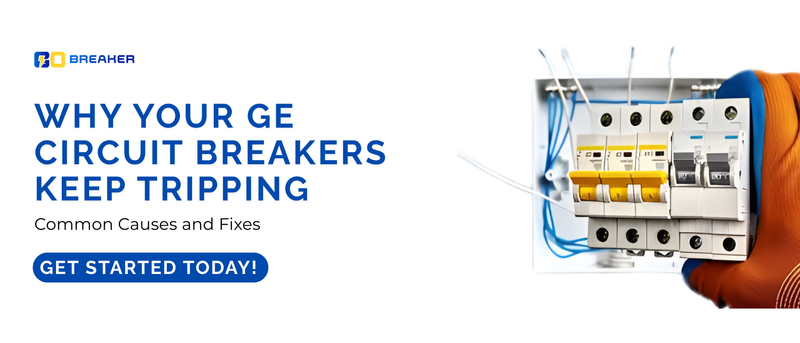 "GE circuit breakers in an electrical panel, explaining common causes and fixes for tripping issues in electrical systems."