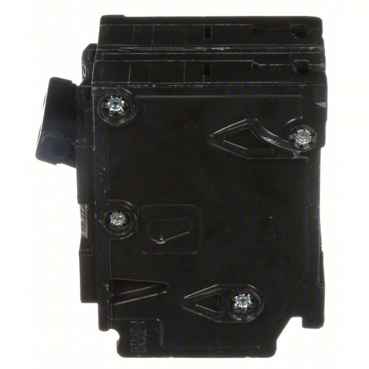 side image of Black electrical "Siemens Q2100 100 Amp Breaker, 2-Pole, 240V, Type QP/MP, for residential and commercial use."on a white background