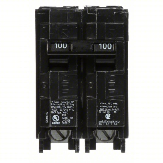 "Siemens Q2100 100 Amp Breaker, 2-Pole, 240V, Type QP/MP, for residential and commercial use."
