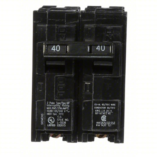 gobreaker.com Siemens Q240 40 amp breaker 2 pole 120/240V Type QP plug-in with rating labels on a white background