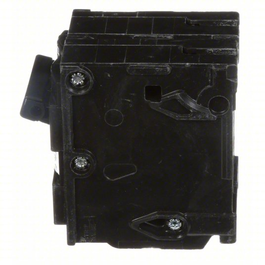 Side view of a black electricalgobreaker.com Siemens Q240 40 amp breaker 2 pole 120/240V Type QP plug-in
  on a white background