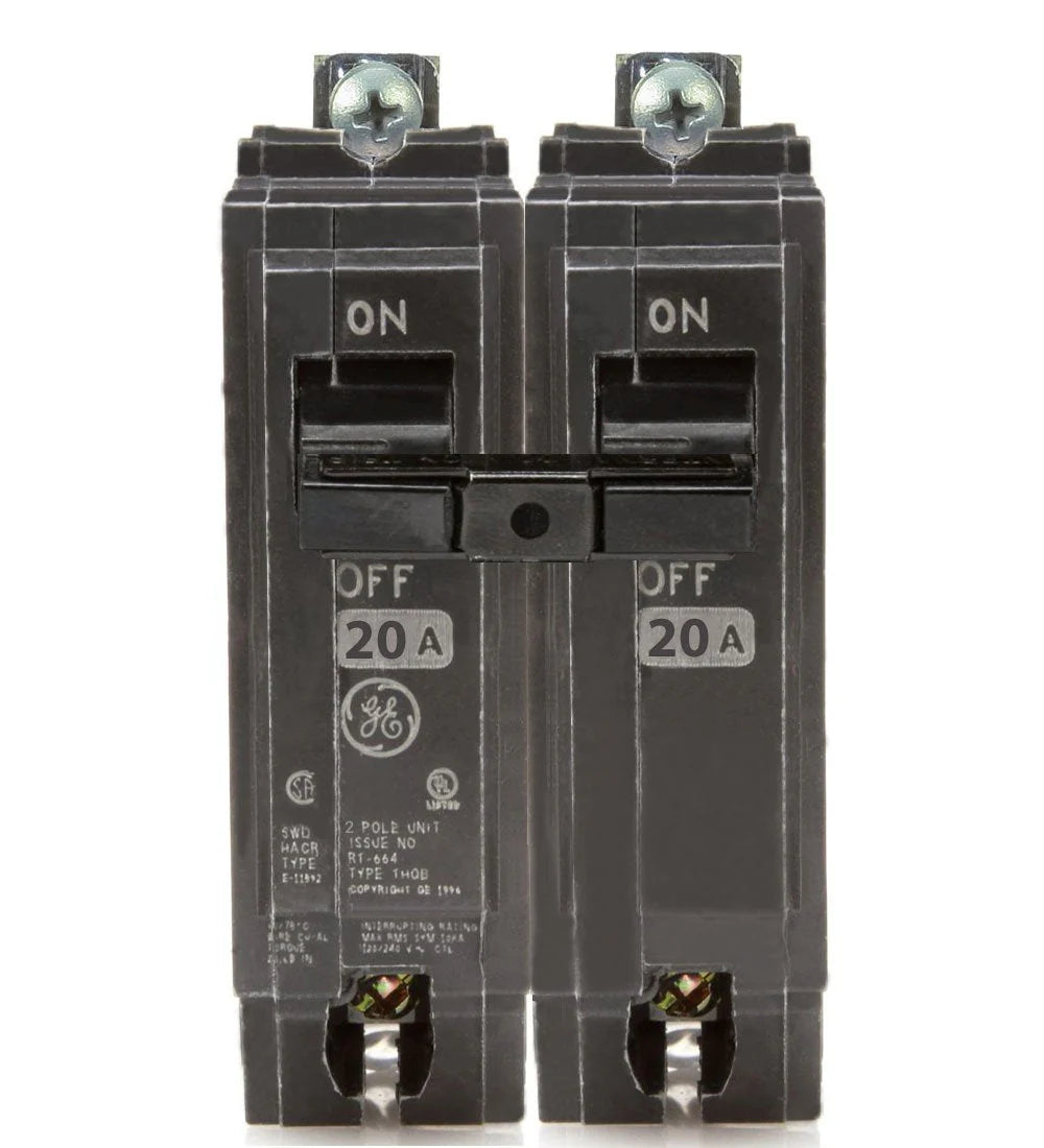 GE ABB THQB2120 20 amp circuit breaker 2 pole 120/240V bolt-on Q-Line.Double-pole 20 amp circuit breaker with 'ON' and 'OFF' labels on a white background

