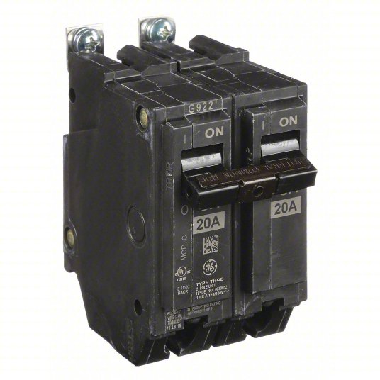 GE ABB THQB2120 20 amp circuit breaker 2 pole 120/240V bolt-on Q-Line with visible branding on a white background.