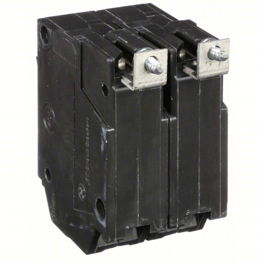 Black electrical circuit breaker on a white background