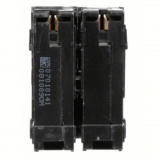 Two black electrical circuit breakers on a white background