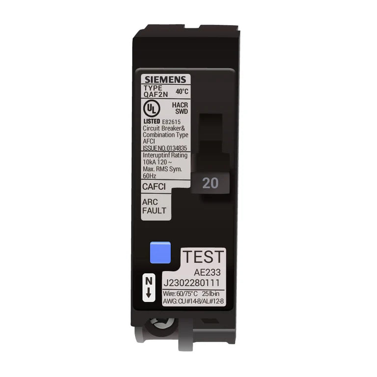  "Siemens QA120AFCN Circuit Breaker, 1-Pole, 120V AFCI, Residential Electrical Safety" on a white background