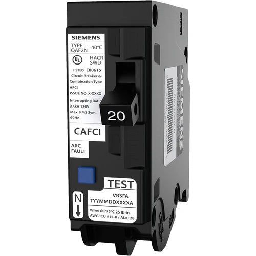 Siemens circuit breaker with multiple labels and markings on a white background