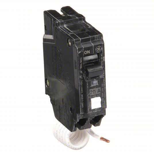BlackGE ABB THQL1120AF2 20 Amp Circuit Breaker,1 Pole, 20 Amps, 120/240  with white wire on a white background