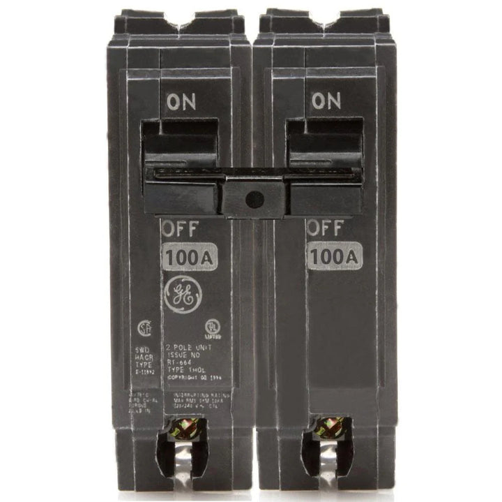 Black electrical circuit breaker THQL21100 2 pole with GE logo on a white background.GE ABB THQL21100 100 Amp Breaker, 2-Pole 120/240V THQL Q-Line Circuit Breaker
