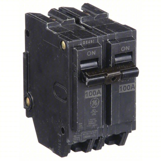 BlackGE ABB THQL21100 100 Amp Breaker, 2-Pole 120/240V THQL Q-Line Circuit Breaker
 with '100A' rating on a white background