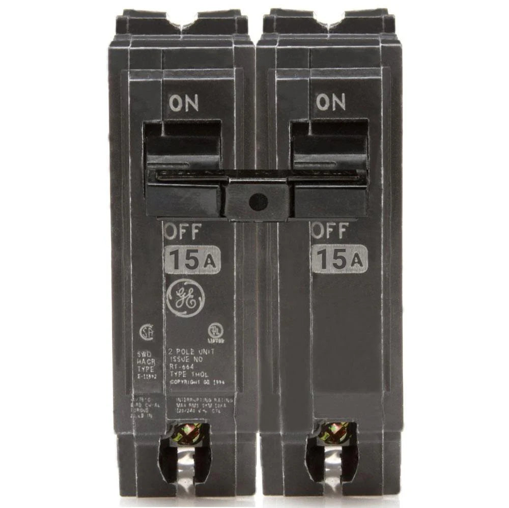 Black double-pole THQL2115 2 Pole circuit breaker with GE logo on a white background. GE ABB THQL2115 15 Amp Circuit Breaker, 2-Pole 120/240V Q-Line breaker for residential and light commercial panels
