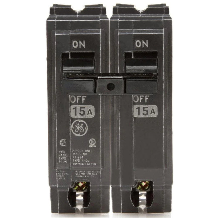 Black double-pole THQL2115 2 Pole circuit breaker with GE logo on a white background. GE ABB THQL2115 15 Amp Circuit Breaker, 2-Pole 120/240V Q-Line breaker for residential and light commercial panels
