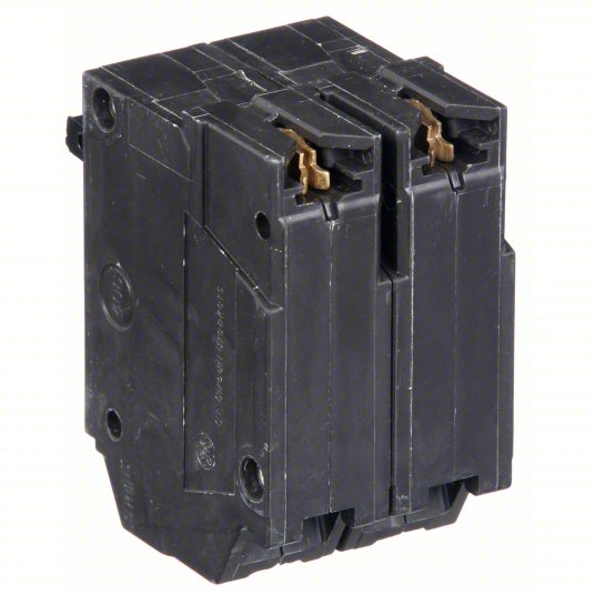 Black electrical GE ABB THQL2115 15 Amp Circuit Breaker, 2-Pole 120/240V Q-Line breaker for residential and light commercial panels  on a white background