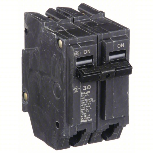 Black GE ABB THQL2130 30 amp breaker 2-pole 120/240V for residential and commercial panels with 'ON' labels on a white background