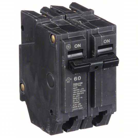 BlackGE ABB THQL2160 60 amp circuit breaker, 2-pole 120/240V Q-Line breaker for residential and light commercial panels
 with 'ON' labels on a white background