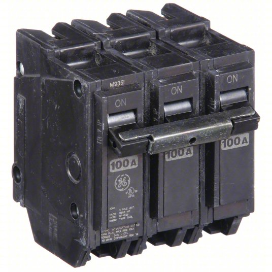 Three-pole circuit breaker GE ABB THQL32100 100 Amp Breaker – 3-Pole 240V Q-Line Circuit Breaker
with 'ON' labels and '100A' rating on a white background