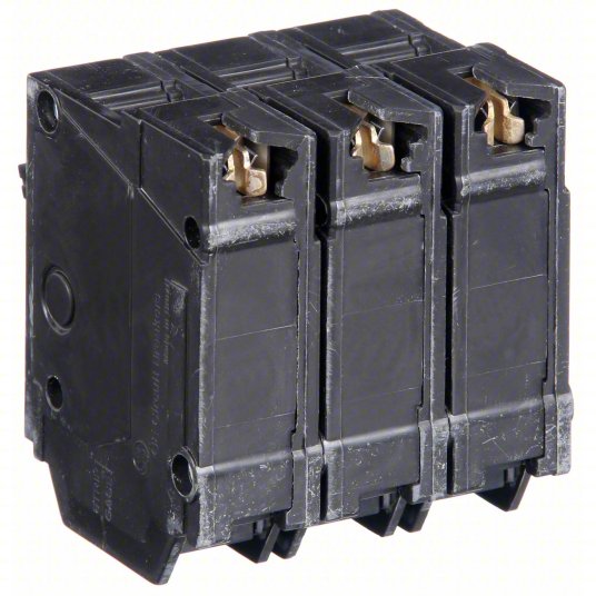 backside view of Three-phase electrical circuit breaker GE ABB THQL32100 100 Amp Breaker – 3-Pole 240V Q-Line Circuit Breaker
on a white background